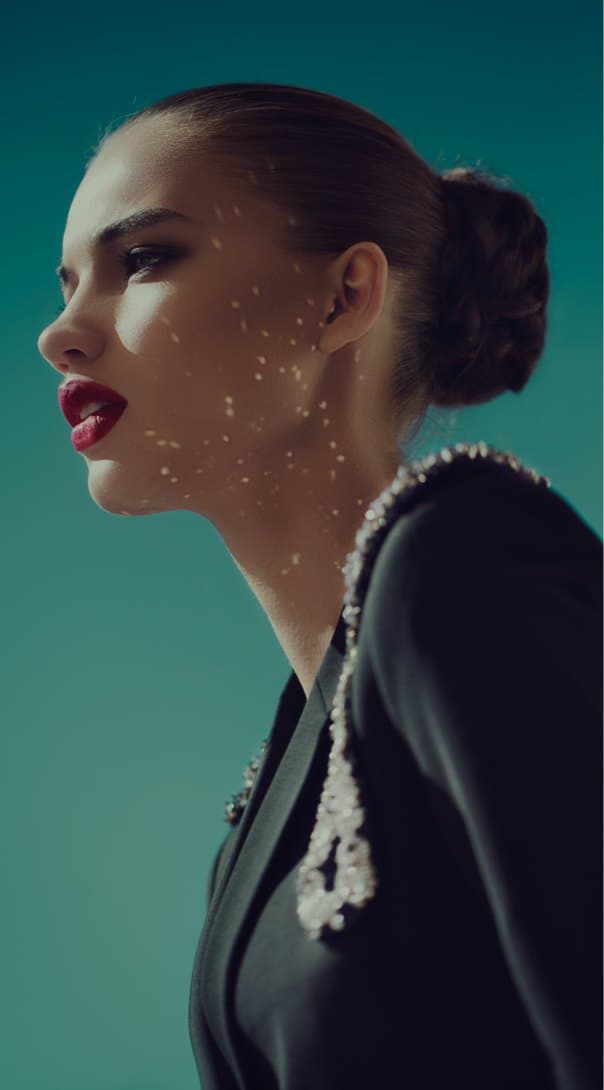 A woman in profile with freckled skin, in black and white